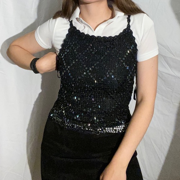 Vintage Le Chateau black beaded halter tank top - Picture 1 of 9